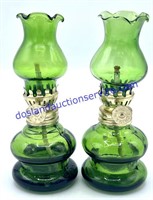 Pair of Mini Green Glass Oil Lamps (5”)