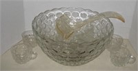 Pressed Glass Punchbowl W/ Ladle & Cups, 6 x 12