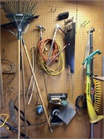 Wall of Rakes, Hoes, Ext. Cords, Weed Trimmer