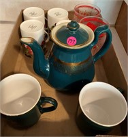 Tea Pot w/ 2 matching Cups, Misc. Cups