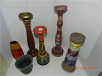 WOODEN CANDLE HOLDERS/VASES ,ALL ITEMS SOLD AS