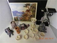 METAL CANDLESTICK HOLDERS, PICTURE, CLAY FIGURES,