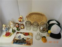 WICKRE BASKET, HATS, ASSORTED COLLECTIBLES ,ALL