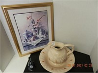 BASIN, PITCHER + PRINT - BELL ,ALL ITEMS SOLD AS