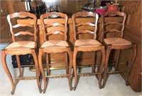 Carved Wood Bar Stools with Woven Seats