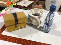 camera filter box & contents, rope vase and bottle