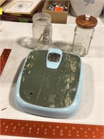 vintage bathroom scale & 2 decanters