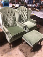 2 green wing back chairs & 1 foot stool