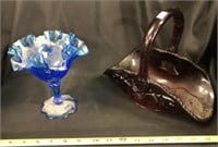 Imperial Ruby Glass Basket & Blue Candy Dish