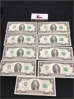 Nine $2 Bills NEW in Consecutive Serial #
