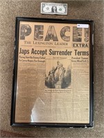 WW2 Lexington leader newspaper framed aug 14 1945