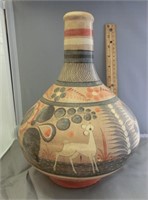 DG54- Antique Talavera vase w/deer Mexico 11 1/2"