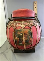 DG69- 10" wood jar w/elephants Chinese having