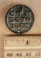 DG91- 1" round bronze tag marked C.T.P. 1862