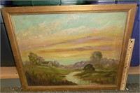 C-15 19th century oil painting Cottage by stream
