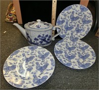 C-55 3 Rooster French plates & castle tea pot w/