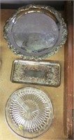 2 silver plate trays & a pressed glass bowl
