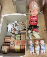 wood ABC blocks, bisque dolls & figures as found