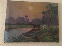 Vintage Oil On Canvas Cattle by E. Morel