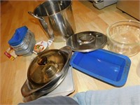 COFFEE GRINDER; MISC. MIXING BOWLS; WATER PITCHER