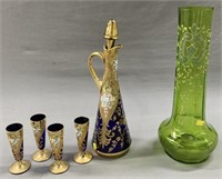 Gold & Blue Glass Drink Set w/ Enamel Green Vase