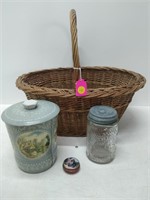basket of items, jumbo peanut butter jar,