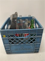 crate of misc bottles & tray