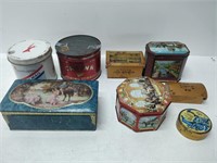 variety of tins & 2 small wooden boxes
