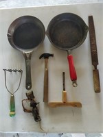 lot cast iron pan, antique kitchen supplies, etc.