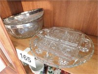 Silver rimmed glass bowl and 3 part relish -