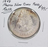 Rare 1948 Mexico Silver Cinco Pesos Coin