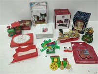box of misc christmas items, toy train, decoration
