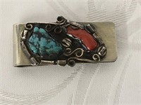 Navajo Sterling Turquoise Coral Money Clip