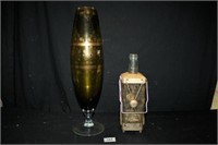 Green Glass Vase; Musical Bottle with Gold accents