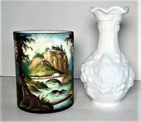 Milk Glass Vase & Glass Vase