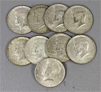 Nine 40% Silver Kennedy Half Dollars