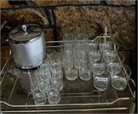Etched "F" Drinking Glasses & Chrome Ice Bucket