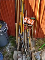 tool lot pruners rakes shovels sledghammer
