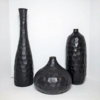 Trio of Black Resin Hammered Look Vases