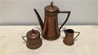 Antique Copper / Brass Tea Pot w/ Cream & Sugar