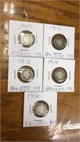 5 Barber dimes. 1907, 1911, 1913, 1914, 1916
