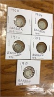 5 Barber dimes. 1900, 1906, 1910, 1913, 1915