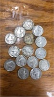15 Buffalo nickels assorted years 1924-1937.