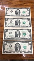 4 uncirculated 2dollar bills consecutive serial