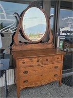 Antique Harp Dresser W/ Mirror Metal Casters