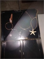 Tiara , apple bell, misc. jewelry, in metal box