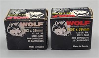 Pair of wolf 7.62x39mm ammo one box half full