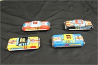 Vintage Set of 4 Nationality Tin Race Car Toys