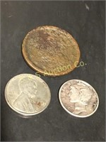 large cent, mercury dime & steel wheat penny