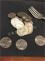 jefferson nickels, 3 quarters & spoon
